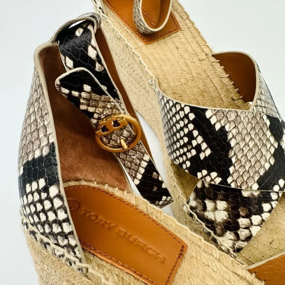 Tory Burch Selby Snake Printed Leather Wedge Platform Espadrille Sandals Size 11